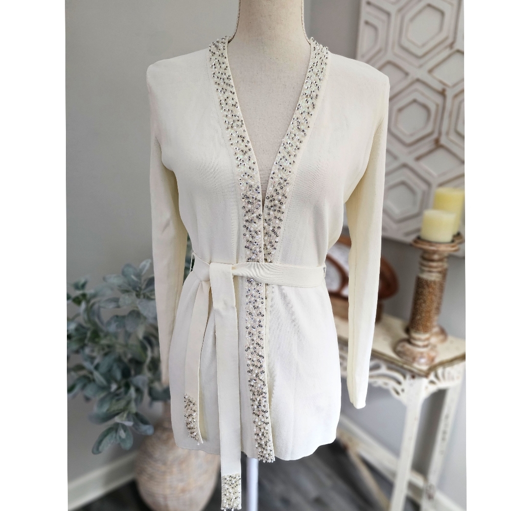 Studio G Off White Beaded Self Tie Women's Cardigan
